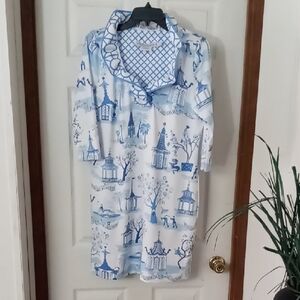 Gretchen Scott Designs Pagoda Paradise Blue and White Dress Size Large.